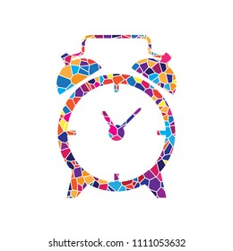 Alarm clock sign. Vector. Stained glass icon on white background. Colorful polygons. Isolated.