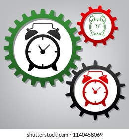 Alarm clock sign. Vector. Three connected gears with icons at grayish background.