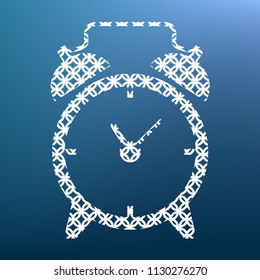 Alarm clock sign. Vector. White textured icon at lapis lazuli gradient background.