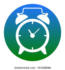 Alarm clock sign. Vector. White icon in bluish circle on white background. Isolated.