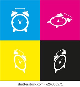 Alarm clock sign. Vector. White icon with isometric projections on cyan, magenta, yellow and black backgrounds.