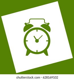Alarm clock sign. Vector. White icon obtained as a result of subtraction rotated square and path. Avocado background.