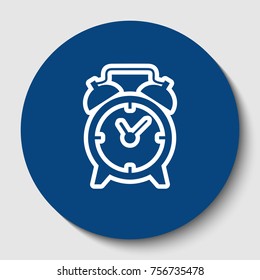 Alarm clock sign. Vector. White contour icon in dark cerulean circle at white background. Isolated.