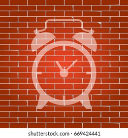 Alarm clock sign. Vector. Whitish icon on brick wall as background.