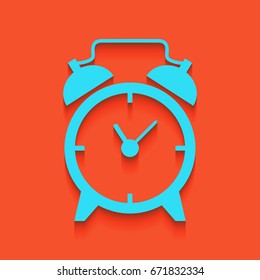 Alarm clock sign. Vector. Whitish icon on brick wall as background.