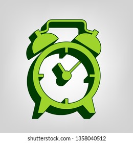 Alarm clock sign. Vector. Yellow green solid icon with dark green external body at light colored background.