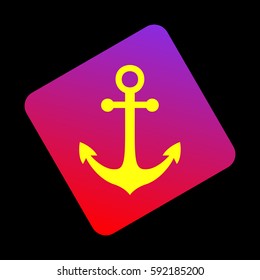 Alarm clock sign. Vector. Yellow icon at violet-red gradient square with rounded corners rotated for dynamics on black background.