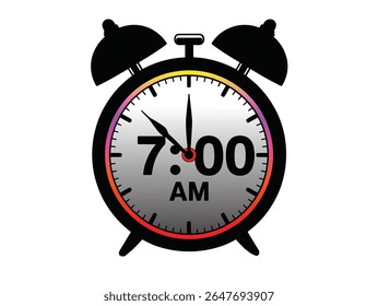 An alarm clock silhouette with 7:00 AM isolated on white background
