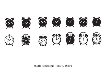 Alarm Clock Silhouette Icon Set Featuring Vintage Tabletop Timepiece Designs.