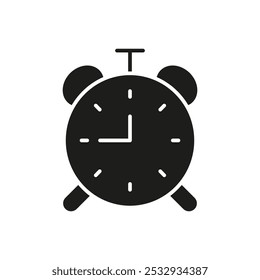 Alarm Clock Silhouette Icon, Symbol of Timing for Fitness, Meals, Exercise. Scheduled Activities. Isolated Vector Illustration.