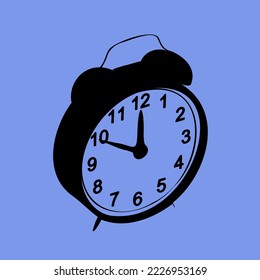 Alarm clock silhouette on blue background. 10 minutes to 12. 3d illustration. Top side view