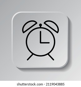 Vector de icono simple de reloj de alarma. Diseño plano. Icono negro en botón cuadrado con sombra. Fondo gris.ai