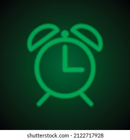 Alarm clock simple icon vector. Flat desing. Green neon on black background with green light.ai