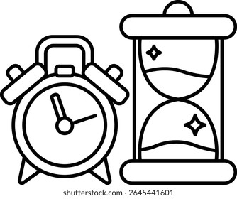 A alarm clock sits next to a hourglass