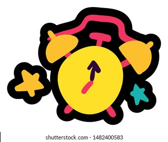Alarm Clock Sleeping and Dreams Symbol Cartoon. Drawn Retro Classical Alarm-clock Wake-up Awake Morning Device and Sky Stars Isolated on White Background. Good Night Vector Flat Illustration