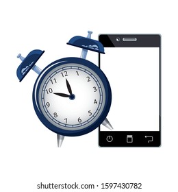 alarm clock with smartphone device over white background, colorful design, vector illustration