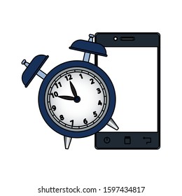 alarm clock with smartphone device over white background, vector illustration