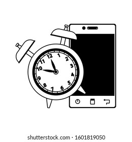 alarm clock with smartphone device over white background, flat design, vector illustration