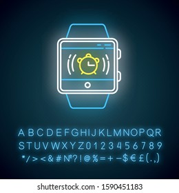 Alarm clock smartwatch function neon light icon. Awaken from night sleep and short naps with sound and vibration. Glowing sign with alphabet, numbers and symbols. Vector isolated illustration
