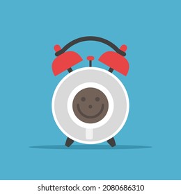 Alarm clock, smiling coffee cup. Energy, morning, break time, work, inspiration and stimulant concept. Flat design. Vector illustration. EPS 8, no gradients, no transparency svg
