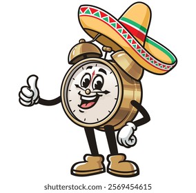 Alarm Clock with sombrero,      Cartoon Character Mascot Illustration Vector Clip-art Hand-drawn Logo Design