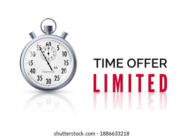 Reloj de alarma con texto de oferta especial y cuenta regresiva. Cartel de oferta de tiempo limitado. Gran descuento. Ilustración del vector