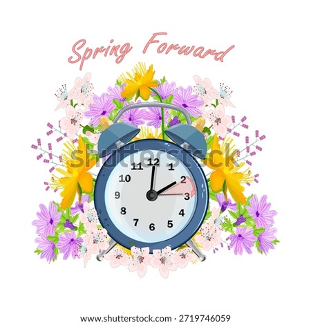 Alarm clock and spring flowers around on white background. Spring Forward poster with alarm clock. Forward daylight saving time starts. Concept of daylight saving time. Spring time concept. Vector