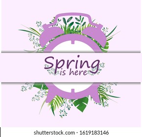 
Alarm clock. Spring time. Banner. Illustration with an alarm clock. Green spring summer leaves. Palm leaves. Spring is here. Spring came. It's time for discounts.
