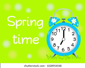 Alarm clock and spring time on green background
