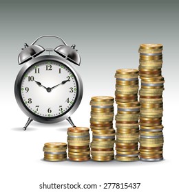 Alarm clock and stacks of coins. Vector illustration