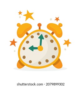 Alarm clock and stars drawing in simple cartoon style. Clock and stars hand drawn illustration. Yellow alarm clock graphic. Part of set.