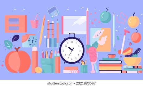 Alarm clock and stationery set for book cover, e-book cover, reading book, writing book and sketch drawing book wallpaper banner background vector illustration