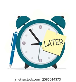 Alarm clock with sticky notes written word later, delaying work or wasting time concept, unproductive or lazy. 24-7 support service, working hours. Design isolated on white. flat vector illustration