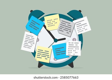 Alarm clock with sticky paper notes. Time and task management concept. Business organization, schedule, work plan, clock notifications, stickers, notes, clock note reminders. flat vector illustration