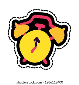 Alarm clock stitched frame illustration. Good morning flat sticker. Dash line wake up doodle drawing