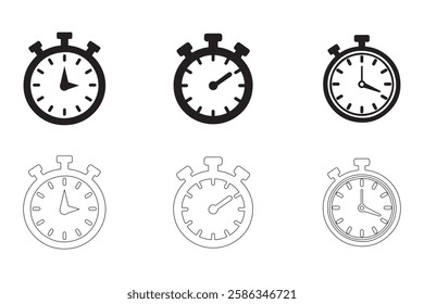 alarm clock, Stopwatch icons set simple clean and smooth Solid and Outline Styles vector icons in black on a white background.
