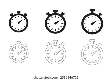 alarm clock, Stopwatch icons set simple clean and smooth Solid and Outline Styles vector icons in black on a white background.
