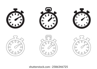 alarm clock, Stopwatch icons set simple clean and smooth Solid and Outline Styles vector icons in black on a white background.
