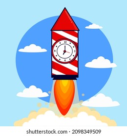 alarm clock stopwatch rocket with fire and clouds  alarm rocket, clock rocket design icon vector logo illustration background design,timer.