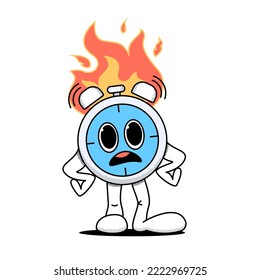 Alarm clock, stopwatch stands in a displeased pose. A fire burns above him. Business concept, deadline. Doodle style. Stock vector illustration of alarm clock, stopwatch in cartoon style. 