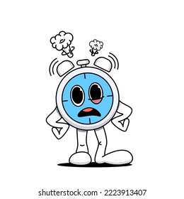 Alarm clock, stopwatch stands in a displeased pose. The concept of getting up early. Doodle style. Stock vector illustration of alarm clock, stopwatch in cartoon style. Isolated white background.