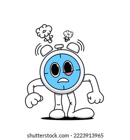 Alarm clock, stopwatch stands in a displeased pose. The concept of getting up early. Doodle style. Stock vector illustration of alarm clock, stopwatch in cartoon style. Isolated white background.