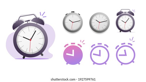 Alarm clock, stopwatch and watch vector icons set in line outline stroke and flat cartoon style design isolated on white background, ringing reminder pictogram collection clipart