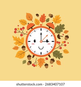 Um despertador rodeado por folhas de outono e bolotas sinaliza a mudança de hora.