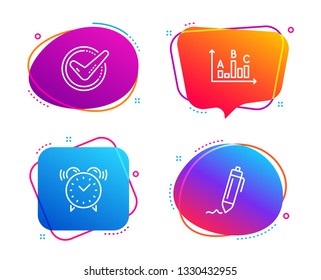 Alarm clock, Survey results and Confirmed icons simple set. Signature sign. Time, Best answer, Accepted message. Written pen. Business set. Speech bubble alarm clock icon. Colorful banners design set