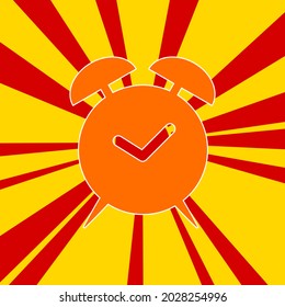 Alarm clock symbol on a background of red flash explosion radial lines. The large orange symbol is located in the center of the sun, symbolizing the sunrise. Vector illustration on yellow background