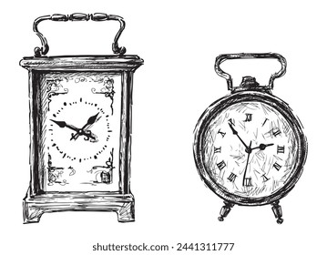 Reloj despertador, reloj de mesa, estilo retro, tiempo, minutos, horas, señal, viejo, boceto, garabato, ilustración dibujada a mano vector aislado en blanco