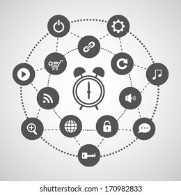alarm clock and technology symbol set in circle diagram 