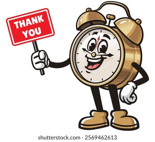 Alarm Clock with thank you sign,     Cartoon Character Mascot Illustration Vector Clip-art Hand-drawn Logo Design