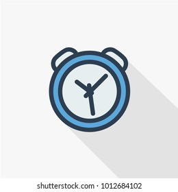 alarm clock thin line flat color icon. Linear vector illustration. Pictogram isolated on white background. Colorful long shadow design.